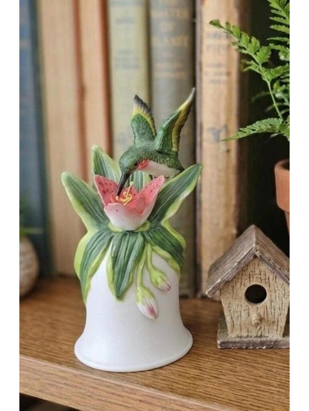 LaVie Hummingbird Lily Porcelain Bell Figurine 5.25" Hand Painted Wear